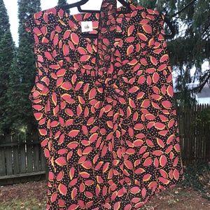 Cabi blouse with pink leaf pattern and matching face mask